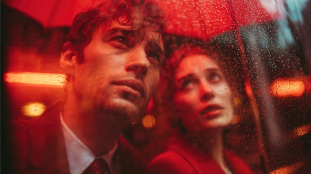 A man with an umbrella over a woman as they pause to look at something through a store windowの素材