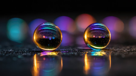 Abstract floating neon orbs casting reflections onto the dark surrounding surfacesの素材