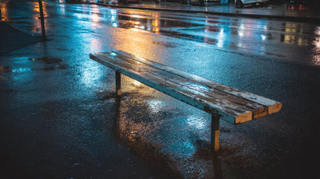 A lonely bus stop bench soaked in rainwater, surrounded by wet asphalt and reflectionsの素材