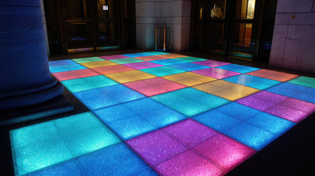 A grid of glowing neon tiles lighting the floor with bright cyan, pink, and violet huesの素材