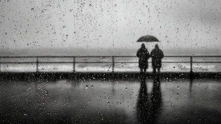 A man and woman walking closely under one umbrella, raindrops visible on the surfaceの素材
