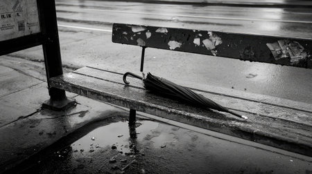 A lone umbrella left on a rainy bench at a bus stop, water pooling on the groundの素材