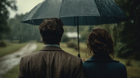 A man and woman walking closely under one umbrella, raindrops visible on the surfaceの素材