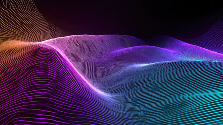 Abstract background of glowing neon lines forming a wave pattern across the frameの素材