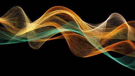 Abstract background of glowing neon lines forming a wave pattern across the frameの素材