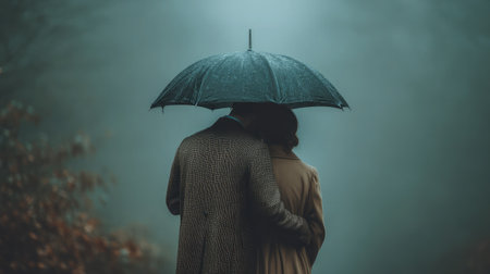 A man and woman under one umbrella sharing warmth and shelter in a foggy park settingの素材