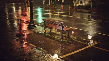 A lonely bus stop bench soaked in rainwater, surrounded by wet asphalt and reflectionsの素材