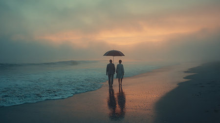 A man and a woman under a single umbrella walking along a wet beach at sunsetの素材