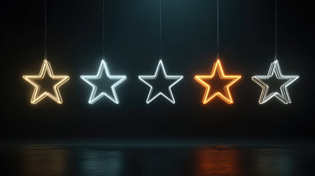 A row of glowing neon stars hanging in mid-air over a black backgroundの素材