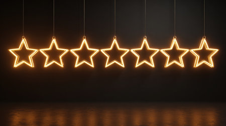 A row of glowing neon stars hanging in mid-air over a black backgroundの素材