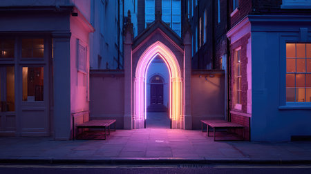 A neon-lit archway glowing at the entrance of an alley in deep blue and pink tonesの素材