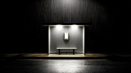 A simple covered bus stop standing alone under pouring rain, asphalt glisteningの素材