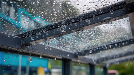 Drops of rain bead on a transparent roof at a modern glass-walled bus shelterの素材