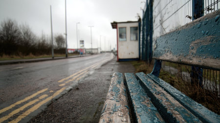 Close-up of rain hitting the bench surface at an abandoned bus stop, no people in sightの素材