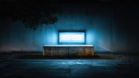 Fluorescent blue neon signage against concrete wall glowing under soft night lightの素材