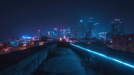 Electric blue neon light bordering the edge of a dark rooftop in an urban skylineの素材