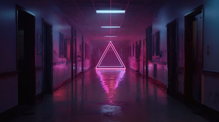 Electric purple neon triangle illuminating a dark hallway in a futuristic settingの素材