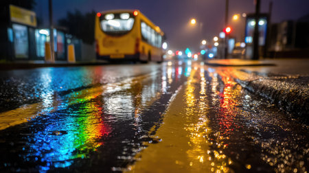 Dim streetlight reflects off wet surfaces at a bus stop during a rainy eveningの素材