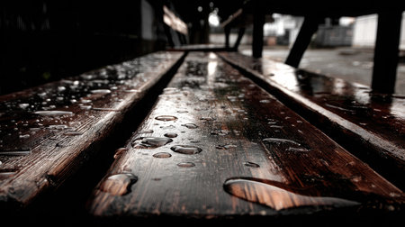 Close-up of rain hitting the bench surface at an abandoned bus stop, no people in sightの素材