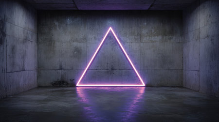 Electric purple neon triangle illuminating a dark hallway in a futuristic settingの素材