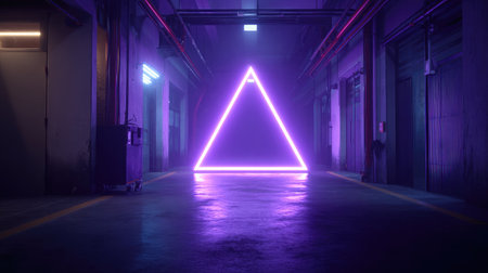 Electric purple neon triangle illuminating a dark hallway in a futuristic settingの素材