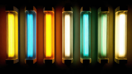 Colorful neon tubes arranged geometrically on a black wall, casting long glowing shadowsの素材
