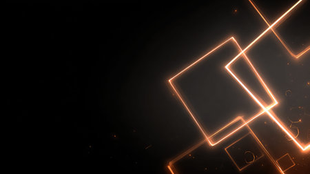 Glitchy, overlapping neon shapes forming abstract glowing art on a black wallの素材