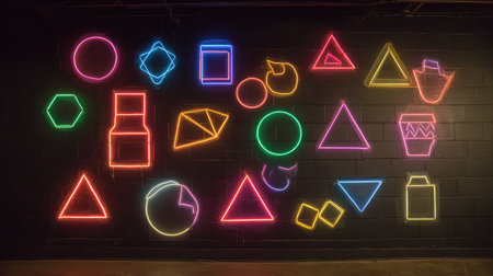 Glowing neon outlines of geometric shapes lighting up a black wallの素材