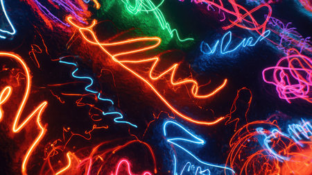 Glitchy, overlapping neon shapes forming abstract glowing art on a black wallの素材