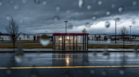 Gray skies above a bus stop while raindrops scatter across the shelter's plastic roofingの素材