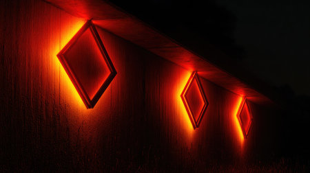 Glowing neon outlines of geometric shapes lighting up a black wallの素材