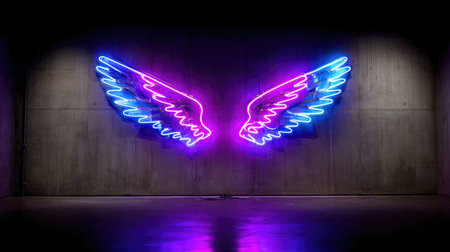Neon wings attached to a dark wall glowing vividly with purple and blue tonesの素材