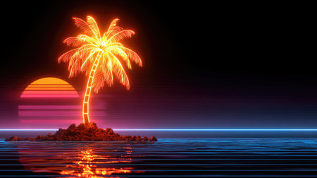 Neon outline of a palm tree glowing against a black background with retro beach vibesの素材