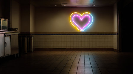 Neon heart sign glowing brightly against a tiled wall in a dark environmentの素材