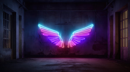 Neon wings attached to a dark wall glowing vividly with purple and blue tonesの素材