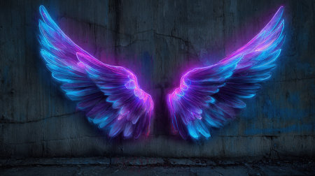 Neon wings attached to a dark wall glowing vividly with purple and blue tonesの素材