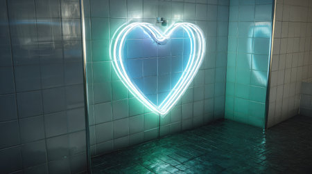 Neon heart sign glowing brightly against a tiled wall in a dark environmentの素材
