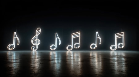 Neon outlines of musical notes glowing rhythmically in a dark room setupの素材