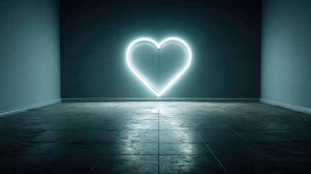 Neon heart sign glowing brightly against a tiled wall in a dark environmentの素材