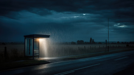 Moody scene of rainfall hitting a bus shelter beside an empty road, deep overcast skiesの素材