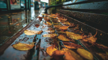 Wet leaves stuck to the bench and floor of a bus stop under heavy autumn rainの素材