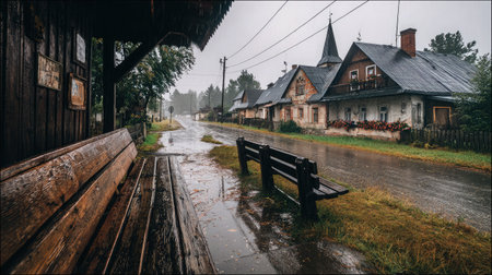 Old wooden bench at a village bus stop soaked by steady rainfall and mistの素材