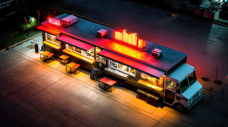 Overhead view of a neon-lit food truck parked under colorful glowing signageの素材