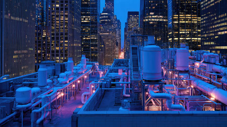 Urban rooftop with scattered neon lighting illuminating pipes and vents at nightの素材