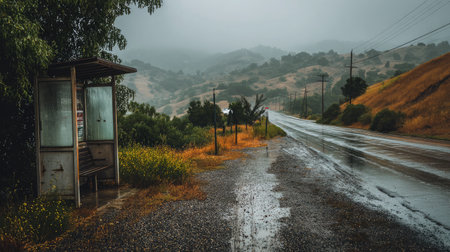 Rain covers a rural roadside bus stop with wet gravel and misty hills in the backgroundの素材