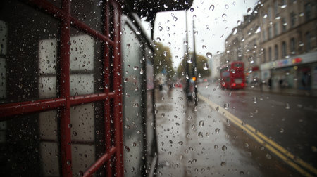 Raindrops blur the view through a transparent bus shelter wall in a city rainstormの素材