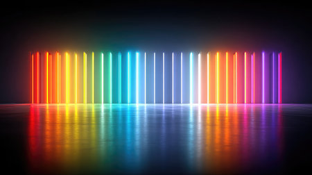 Rainbow gradient neon bars illuminating a wall in a moody nighttime settingの素材