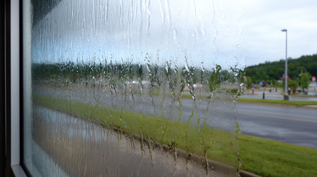 Raindrops streak down the glass wall of a bus stop, distorting the view of the roadの素材