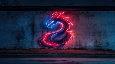 Stylized neon dragon artwork glowing on a graffiti wall at night with vibrant energyの素材