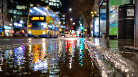 Street puddles grow around a city bus stop, reflecting lights through falling rainの素材